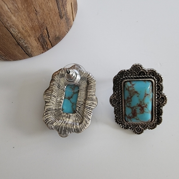 NEW Turquoise Rectangle Antique Metal Stud Earrings Boho - Picture 6 of 6